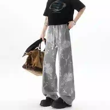 轻迎 设计师款花卉宽松个性牛仔裤 男款 灰色