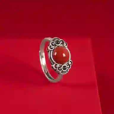 小银匠 祥云国风新中式复古如意民族风个性开口戒 玛瑙 戒指 女款