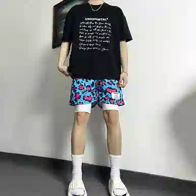 物质公式 美式复古豹纹假两件运动透气速干三分裤宽松百搭跑步健身直筒短裤潮流高街篮球裤 男女同款