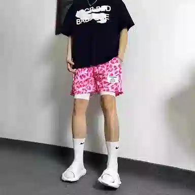 物质公式 美式复古豹纹假两件运动透气速干三分裤宽松百搭跑步健身直筒短裤潮流高街篮球裤 男女同款