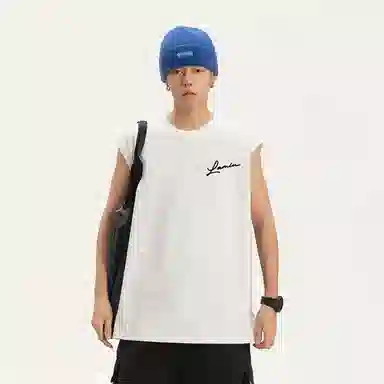 兰缪 日系纯色基础简约宽松圆领直筒百搭休闲字母透气圆领纯棉无袖背心 男女同款