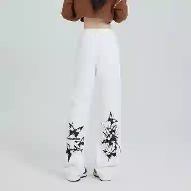宜而爽 美式复古街头创意水墨蝴蝶字母印花休闲宽松中腰直筒垂感水洗做旧弯刀裤宽松舒适显高显瘦百搭弹力微喇牛仔裤 男女同款