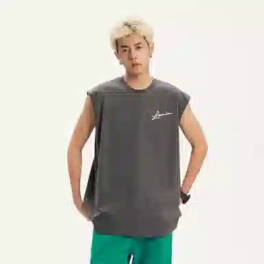 兰缪 日系纯色基础简约宽松圆领直筒百搭休闲字母透气圆领纯棉无袖背心 男女同款