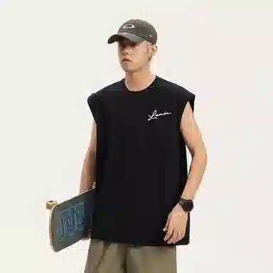 兰缪 日系纯色基础简约宽松圆领直筒百搭休闲字母透气圆领纯棉无袖背心 男女同款