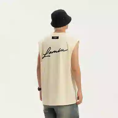 兰缪 日系纯色基础简约宽松圆领直筒百搭休闲字母透气圆领纯棉无袖背心 男女同款