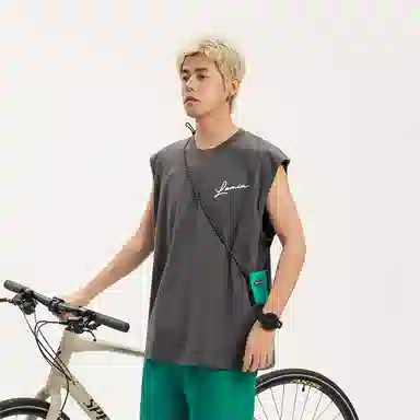 兰缪 日系纯色基础简约宽松圆领直筒百搭休闲字母透气圆领纯棉无袖背心 男女同款