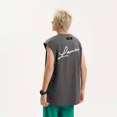 兰缪 日系纯色基础简约宽松圆领直筒百搭休闲字母透气圆领纯棉无袖背心 男女同款