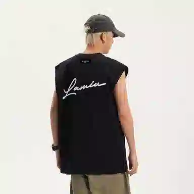 兰缪 日系纯色基础简约宽松圆领直筒百搭休闲字母透气圆领纯棉无袖背心 男女同款