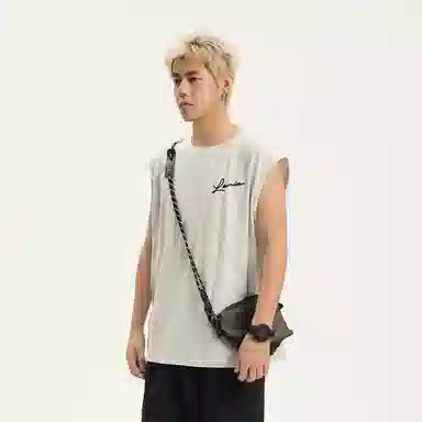 兰缪 日系纯色基础简约宽松圆领直筒百搭休闲字母透气圆领纯棉无袖背心 男女同款