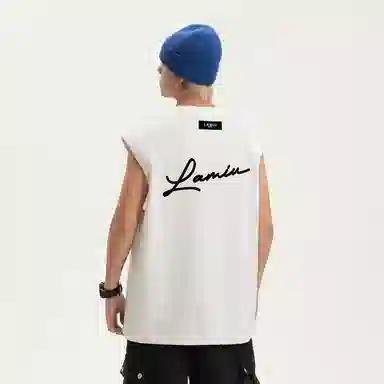 兰缪 日系纯色基础简约宽松圆领直筒百搭休闲字母透气圆领纯棉无袖背心 男女同款