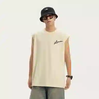 兰缪 日系纯色基础简约宽松圆领直筒百搭休闲字母透气圆领纯棉无袖背心 男女同款