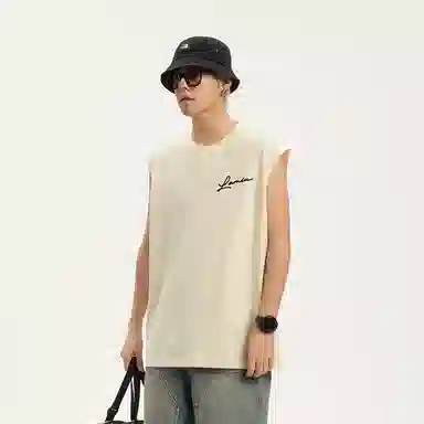 兰缪 日系纯色基础简约宽松圆领直筒百搭休闲字母透气圆领纯棉无袖背心 男女同款