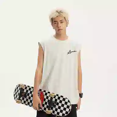 兰缪 日系纯色基础简约宽松圆领直筒百搭休闲字母透气圆领纯棉无袖背心 男女同款