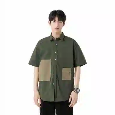 快鱼 美式拼接工装设计感潮牌时尚宽松休闲百搭短袖翻领衬衫 男女同款