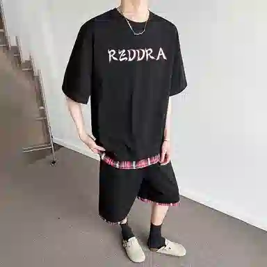 红蜻蜓 美式字母复古上衣舒适百搭基础短裤休闲运动套装 男女同款