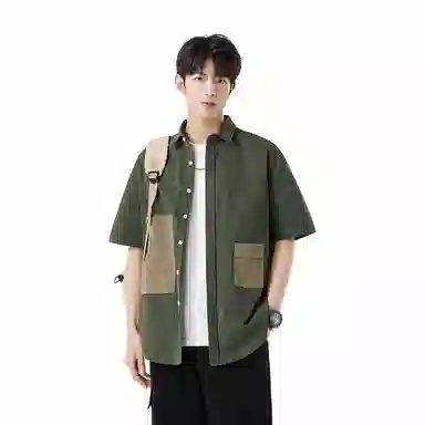 快鱼 美式拼接工装设计感潮牌时尚宽松休闲百搭短袖翻领衬衫 男女同款