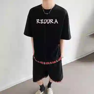 红蜻蜓 美式字母复古上衣舒适百搭基础短裤休闲运动套装 男女同款