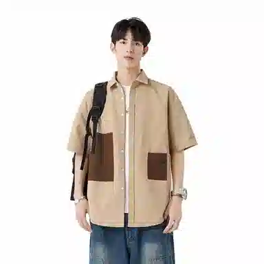 快鱼 美式拼接工装设计感潮牌时尚宽松休闲百搭短袖翻领衬衫 男女同款