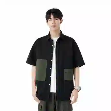 快鱼 美式拼接工装设计感潮牌时尚宽松休闲百搭短袖翻领衬衫 男女同款