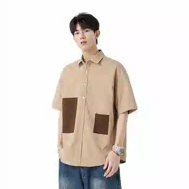 快鱼 美式拼接工装设计感潮牌时尚宽松休闲百搭短袖翻领衬衫 男女同款