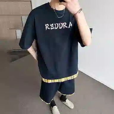 红蜻蜓 美式字母复古上衣舒适百搭基础短裤休闲运动套装 男女同款