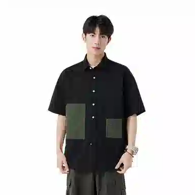 快鱼 美式拼接工装设计感潮牌时尚宽松休闲百搭短袖翻领衬衫 男女同款