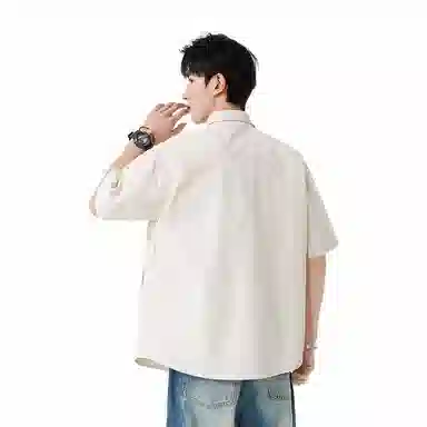 快鱼 美式拼接工装设计感潮牌时尚宽松休闲百搭短袖翻领衬衫 男女同款