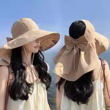 优幽兰 时尚潮流高级感夏季大檐显脸小户外披肩渔夫帽护颈百搭透气空顶遮阳帽防紫外线骑行太阳帽可扎马尾 涤纶 防晒帽 女款