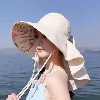 优幽兰 时尚潮流高级感夏季大檐显脸小户外披肩渔夫帽护颈百搭透气空顶遮阳帽防紫外线骑行太阳帽可扎马尾 涤纶 防晒帽 女款