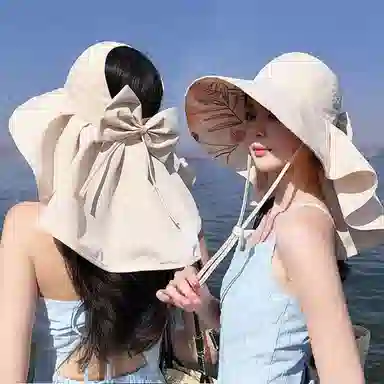 优幽兰 时尚潮流高级感夏季大檐显脸小户外披肩渔夫帽护颈百搭透气空顶遮阳帽防紫外线骑行太阳帽可扎马尾 涤纶 防晒帽 女款