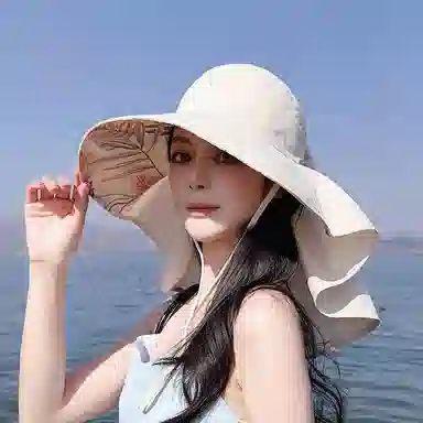 优幽兰 时尚潮流高级感夏季大檐显脸小户外披肩渔夫帽护颈百搭透气空顶遮阳帽防紫外线骑行太阳帽可扎马尾 涤纶 防晒帽 女款