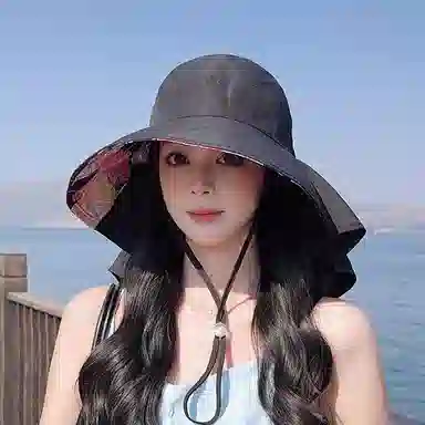 优幽兰 时尚潮流高级感夏季大檐显脸小户外披肩渔夫帽护颈百搭透气空顶遮阳帽防紫外线骑行太阳帽可扎马尾 涤纶 防晒帽 女款