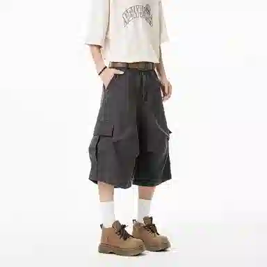 冰飞 水洗做旧休闲高街多口袋宽松户外街头美式七分裤工装短裤 男女同款