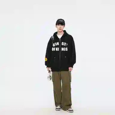 王者荣耀 美式复古创意字母涂鸦设计简约休闲宽松多巴胺连帽夹克外套 男女同款