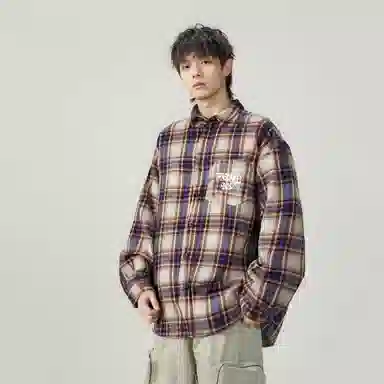 红蜻蜓 格子条纹翻领宽松舒适百搭休闲长袖衬衫 男女同款