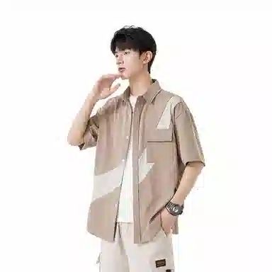 快鱼 韩版简约百搭潮流宽松时尚撞色休闲短袖翻领衬衫 男女同款