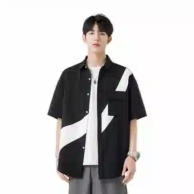 快鱼 韩版简约百搭潮流宽松时尚撞色休闲短袖翻领衬衫 男女同款