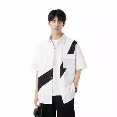 快鱼 韩版简约百搭潮流宽松时尚撞色休闲短袖翻领衬衫 男女同款