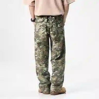 赞仕 日系潮牌立体中腰迷彩宽松直筒休闲长裤工装裤 男女同款
