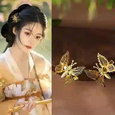 如花梦 古装蝴蝶颤枝日常发饰韩式边夹汉服森系头饰弹簧 合金 发夹 女款