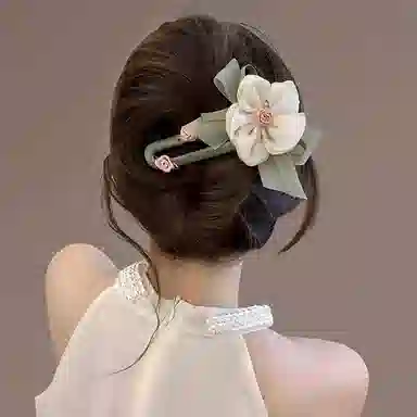 丹琴 绿叶网纱花朵 森系早春氛围感气质鸭嘴夹后脑勺半扎发盘发高级感发卡 亚克力 发夹 女款