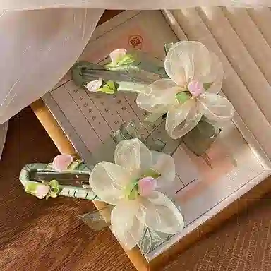 丹琴 绿叶网纱花朵 森系早春氛围感气质鸭嘴夹后脑勺半扎发盘发高级感发卡 亚克力 发夹 女款