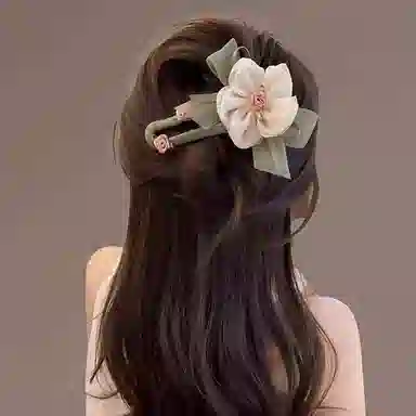 丹琴 绿叶网纱花朵 森系早春氛围感气质鸭嘴夹后脑勺半扎发盘发高级感发卡 亚克力 发夹 女款