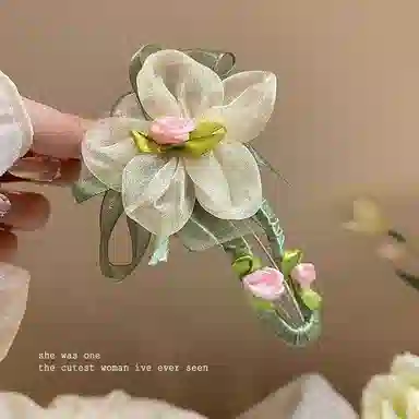 丹琴 绿叶网纱花朵 森系早春氛围感气质鸭嘴夹后脑勺半扎发盘发高级感发卡 亚克力 发夹 女款