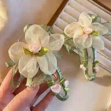 丹琴 绿叶网纱花朵 森系早春氛围感气质鸭嘴夹后脑勺半扎发盘发高级感发卡 亚克力 发夹 女款