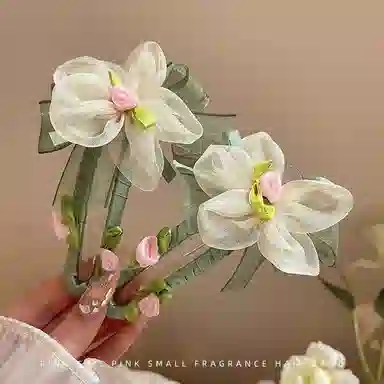 丹琴 绿叶网纱花朵 森系早春氛围感气质鸭嘴夹后脑勺半扎发盘发高级感发卡 亚克力 发夹 女款