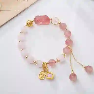 金戟 有钱花 新中式国潮轻奢小众设计招财纳福貔貅少女感高级甜美粉色桃花系时尚百搭锁好运天然 草莓晶 手串 女款