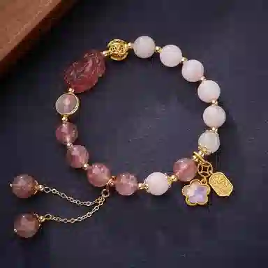 金戟 有钱花 新中式国潮轻奢小众设计招财纳福貔貅少女感高级甜美粉色桃花系时尚百搭锁好运天然 草莓晶 手串 女款