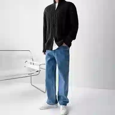 我是大卫 拉链半高领麻花纹纯色舒适宽松百搭长袖针织衫 男女同款