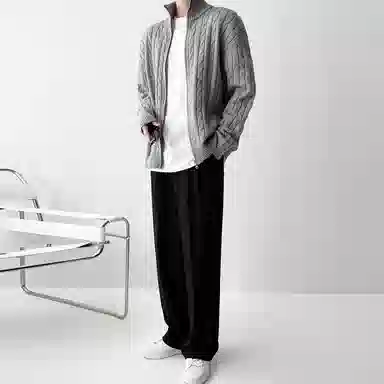 我是大卫 拉链半高领麻花纹纯色舒适宽松百搭长袖针织衫 男女同款